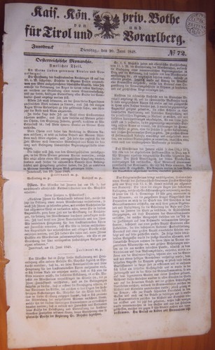 Innsbruck 1848 zeitung - innsbruck, 20.6.1848