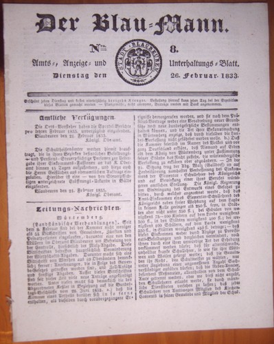 Blaubeuren 1833 zeitung - 26.2.1833,