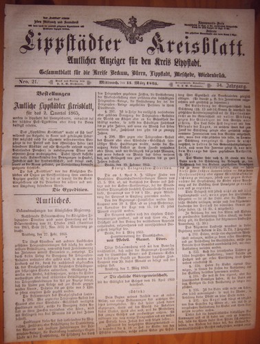 Lippstadt 1865 zeitung - 15.3.1865,