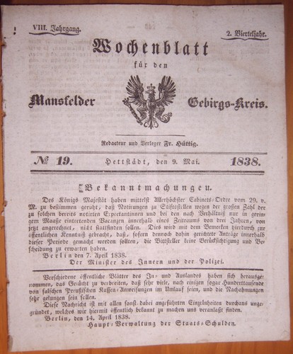 Hettstedt 1838 zeitung - hettstedt, 9.5.1838