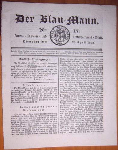 Blaubeuren 1833 zeitung - 23.4.1833,