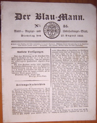 Blaubeuren 1833 zeitung - blaubeuren, 27.8.1833