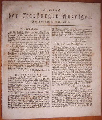 Marburg 1816 zeitung - marburg, 13.7.1816