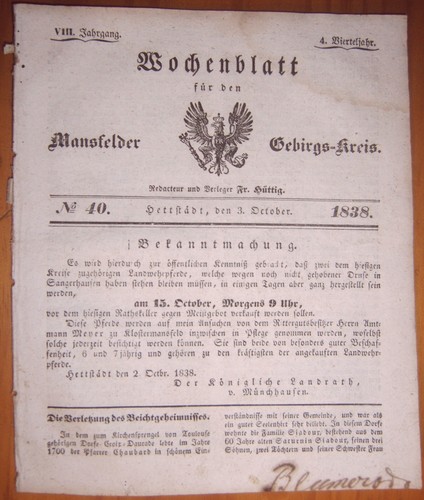 Hettstedt 1838 zeitung - 3.10.1838,