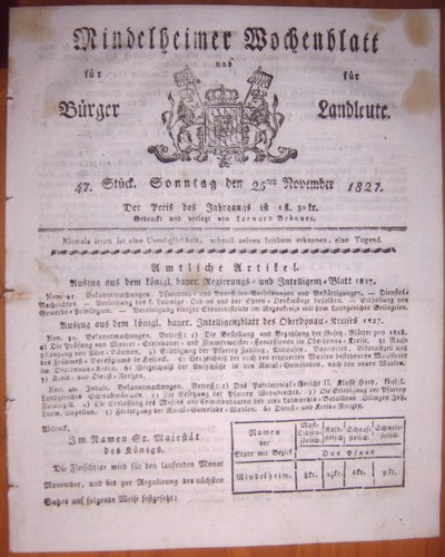 Mindelheim 1827 zeitung - mindelheim, 25.11.1827
