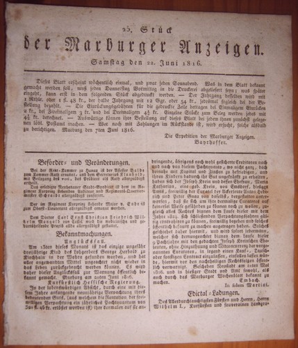 Marburg 1816 zeitung - marburg, 22.6.1816