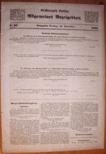 Karlsruhe 1863 zeitung - karlsruhe, 22.9.1863