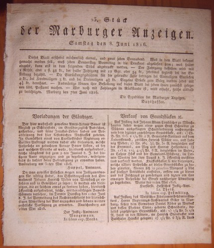 Marburg 1816 zeitung - 8.6.1816,