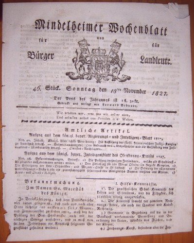Mindelheim 1827 zeitung - mindelheim, 18.11.1827