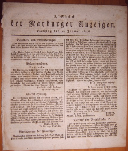 Marburg 1816 zeitung - marburg, 20.1.1816